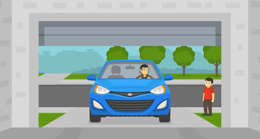 Graphic of a man driving into the garage with a child watching.